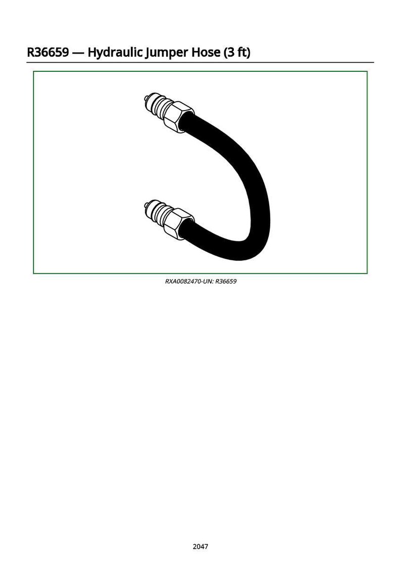 May include: A black hydraulic jumper hose, approximately 3 feet long, with silver-colored connectors at each end. The hose is curved in a U-shape. The text "R36659 - Hydraulic Jumper Hose (3 ft)" is at the top.