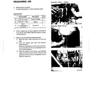 May include: A page from a manual titled "Measuring Air" with text and diagrams. It includes a list of special tools like a hydraulic tester and nipple, along with instructions for measuring air pressure and setting the air governor.