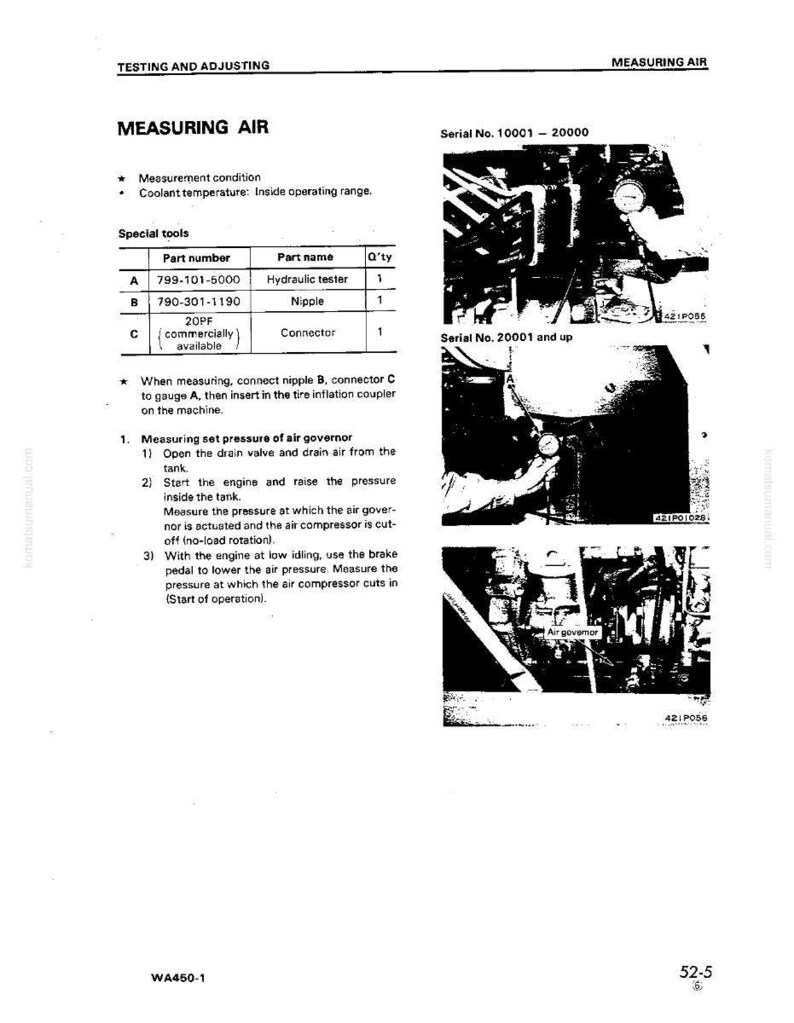 May include: A page from a manual titled "Measuring Air" with text and diagrams. It includes a list of special tools like a hydraulic tester and nipple, along with instructions for measuring air pressure and setting the air governor.