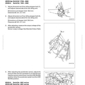 May include: Diagram from a manual titled "Adjusting Accelerator Pedal." The image includes technical drawings with labels and measurements in millimeters. Text details adjustment procedures for bolts and clearances, with serial numbers listed.