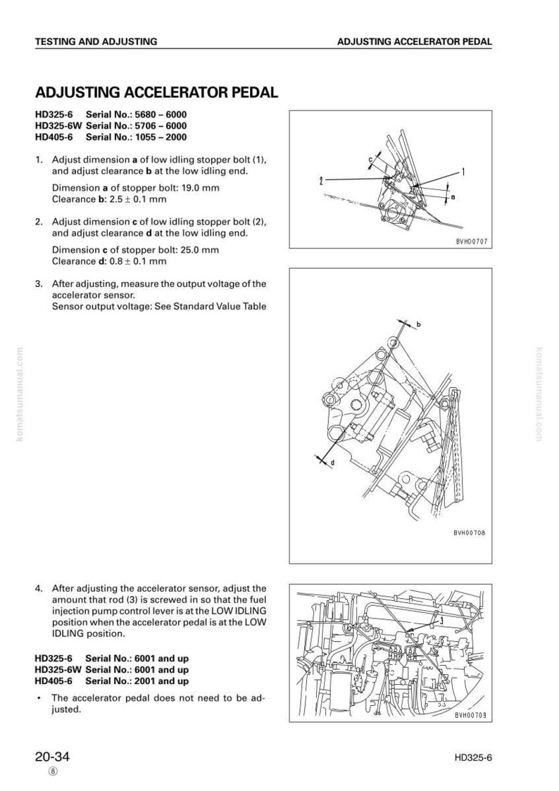 May include: Diagram from a manual titled "Adjusting Accelerator Pedal." The image includes technical drawings with labels and measurements in millimeters. Text details adjustment procedures for bolts and clearances, with serial numbers listed.