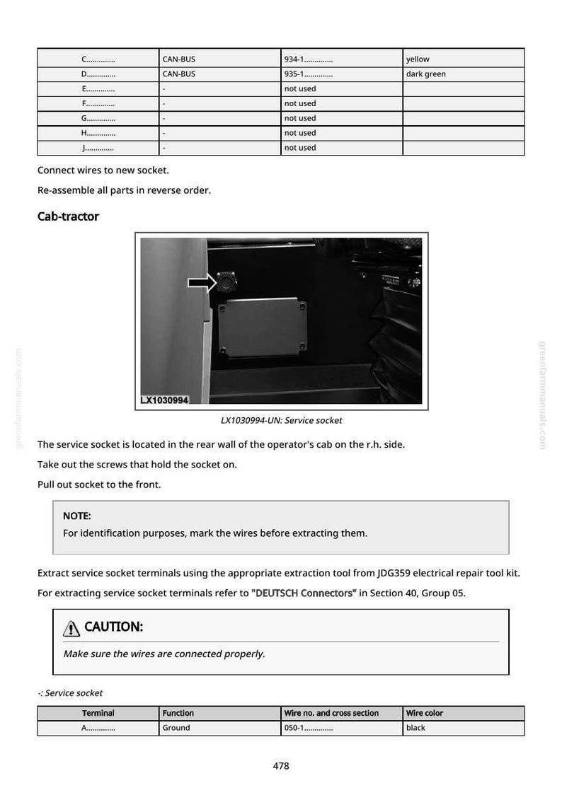 Puede incluir: Un diagrama t&eacute;cnico con texto y una imagen en blanco y negro de un enchufe de servicio. El diagrama incluye tablas con etiquetas como "Terminal", "Funci&oacute;n" y "Color del cable". El texto incluye instrucciones y advertencias.