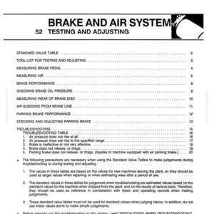 May include: A page from a manual titled "BRAKE AND AIR SYSTEM" with the number 52 and the words "TESTING AND ADJUSTING." The page includes a table of contents and troubleshooting information for brake systems.