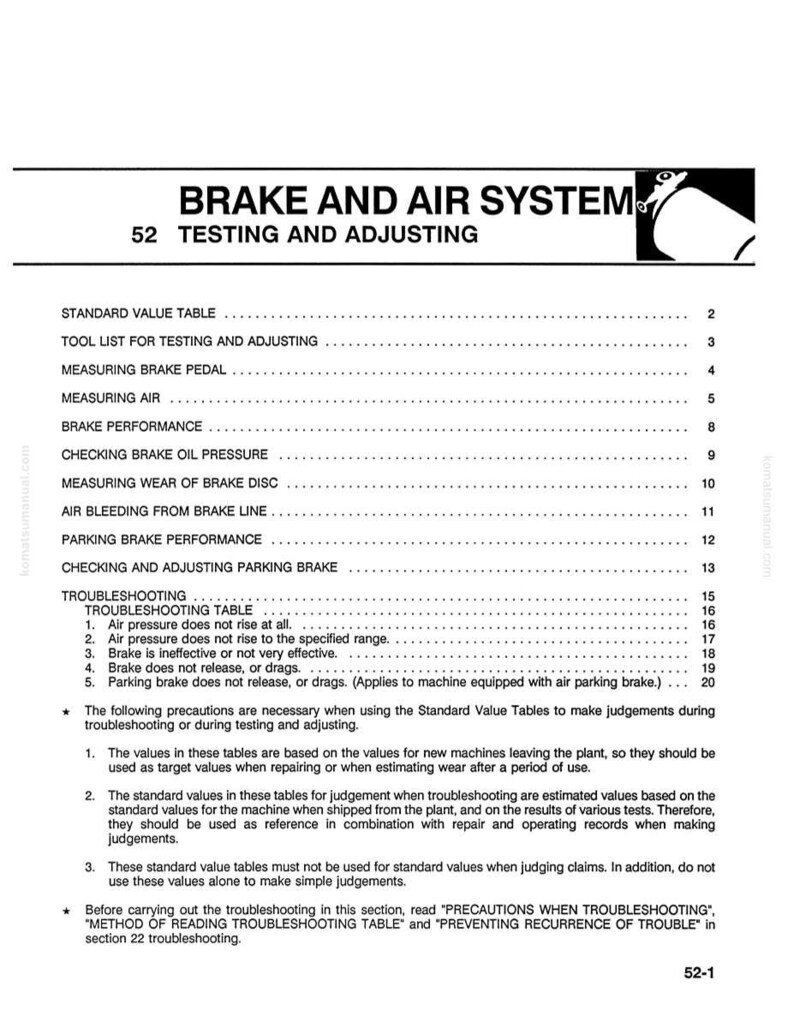 May include: A page from a manual titled "BRAKE AND AIR SYSTEM" with the number 52 and the words "TESTING AND ADJUSTING." The page includes a table of contents and troubleshooting information for brake systems.