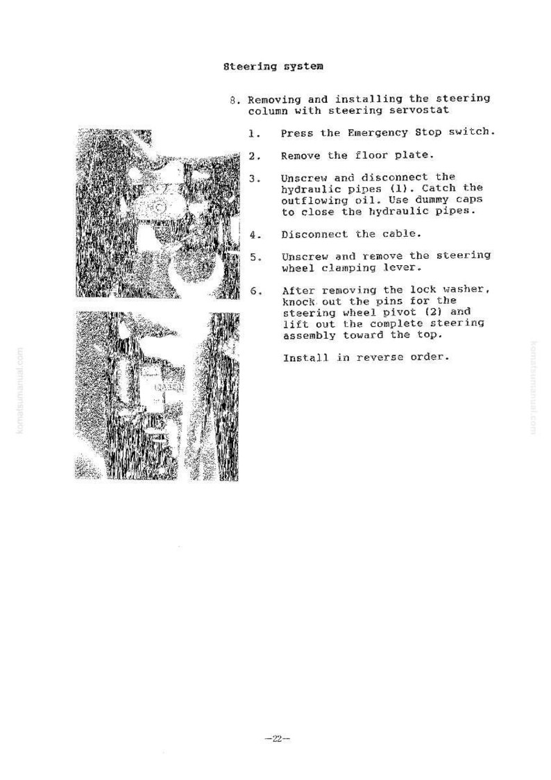 May include: A page from a manual detailing the steps for removing and installing a steering column with a steering servostat. The text includes numbered instructions and diagrams of the steering system.