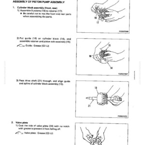 May include: Diagram of hydraulic pump assembly with step-by-step instructions. Includes illustrations of assembling pistons, guides, and valve plates. Text includes part numbers and assembly steps.