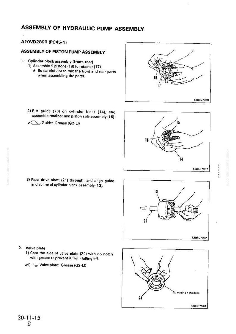May include: Diagram of hydraulic pump assembly with step-by-step instructions. Includes illustrations of assembling pistons, guides, and valve plates. Text includes part numbers and assembly steps.