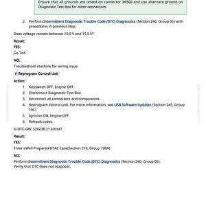 May include: A page from a manual with diagnostic instructions. The text includes steps for troubleshooting and reprogramming a control unit, with voltage checks and code refreshes. The page has a white background with black text.
