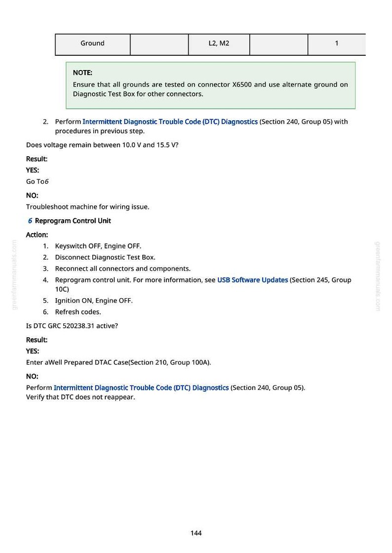 May include: A page from a manual with diagnostic instructions. The text includes steps for troubleshooting and reprogramming a control unit, with voltage checks and code refreshes. The page has a white background with black text.