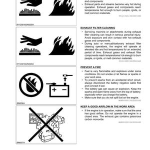 May include: A page of safety information with black and white illustrations and text. Topics include avoiding hot exhaust, exhaust filter cleaning, preventing fire, and maintaining good airflow. The document is labeled with a series number and a date.