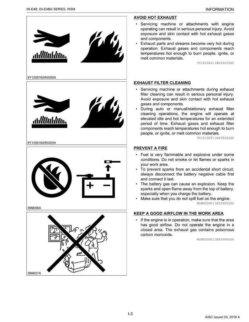 May include: A page of safety information with black and white illustrations and text. Topics include avoiding hot exhaust, exhaust filter cleaning, preventing fire, and maintaining good airflow. The document is labeled with a series number and a date.