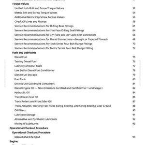 Puede incluir: Una p&aacute;gina de manual con un &iacute;ndice detallado. Los temas incluyen especificaciones de excavadoras, valores de torque, combustibles, lubricantes y funcionamiento del motor. El n&uacute;mero de p&aacute;gina es 3.