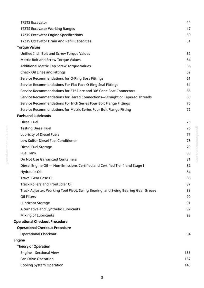 Puede incluir: Una p&aacute;gina de manual con un &iacute;ndice detallado. Los temas incluyen especificaciones de excavadoras, valores de torque, combustibles, lubricantes y funcionamiento del motor. El n&uacute;mero de p&aacute;gina es 3.