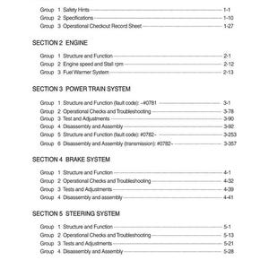 May include: A page from a manual with the title "CONTENTS" at the top. The document is divided into sections, including "GENERAL", "ENGINE", "POWER TRAIN SYSTEM", "BRAKE SYSTEM", and "STEERING SYSTEM", each with listed groups and page numbers.
