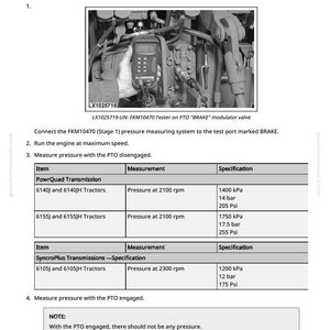 May include: Diagram showing a rear PTO pressure test, with a close-up of machinery and a pressure measuring device. Specifications for PowrQuad and SyncroPlus transmissions are listed, with pressure measurements in kPa, bar, and Psi.