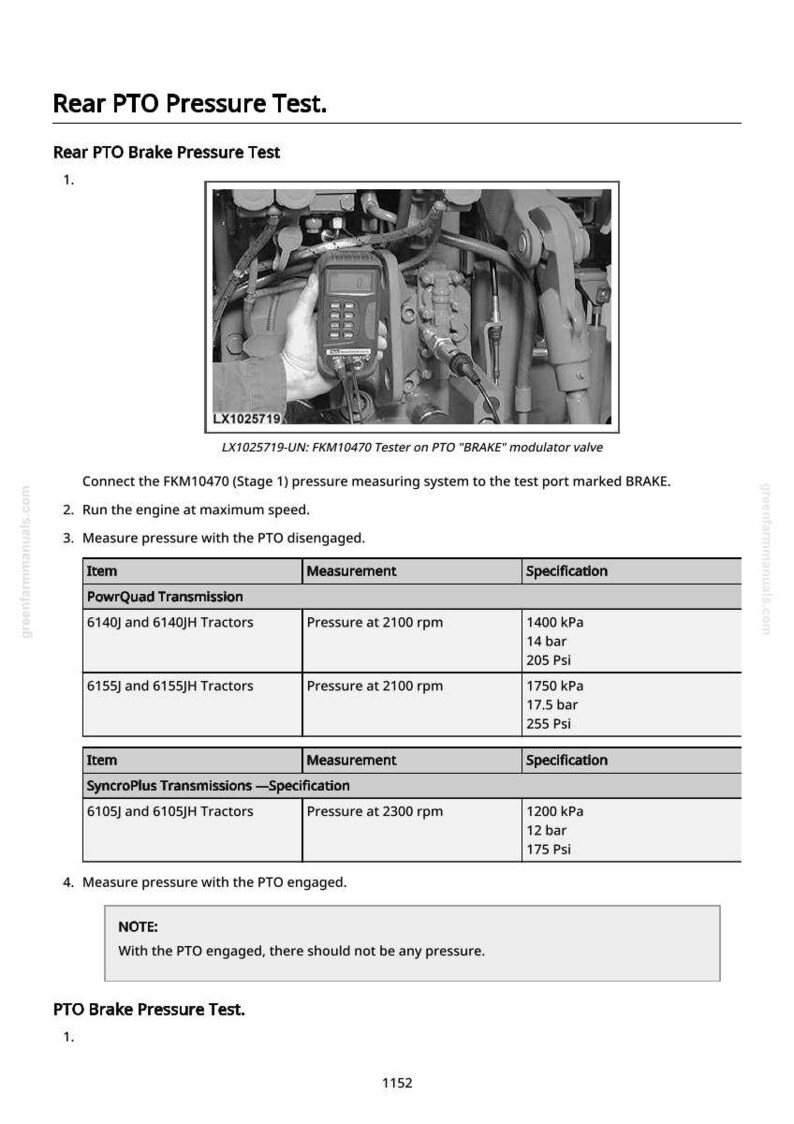 May include: Diagram showing a rear PTO pressure test, with a close-up of machinery and a pressure measuring device. Specifications for PowrQuad and SyncroPlus transmissions are listed, with pressure measurements in kPa, bar, and Psi.