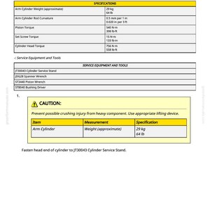 Puede incluir: Documento t&eacute;cnico &laquo;Desmontaje y montaje del cilindro del brazo&raquo; con especificaciones. Incluye medidas como el peso del cilindro del brazo (aprox. 29 kg) y valores de par. Tambi&eacute;n se enumeran equipos y herramientas de servicio.
