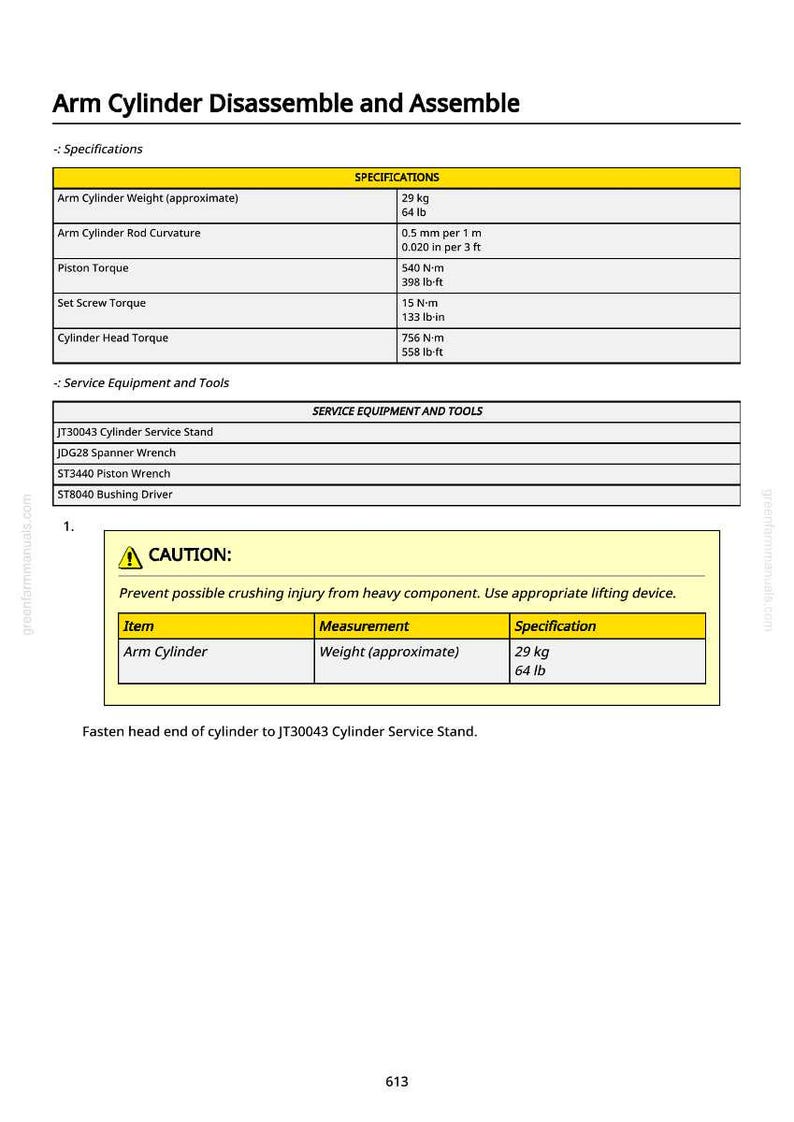 Puede incluir: Documento t&eacute;cnico &laquo;Desmontaje y montaje del cilindro del brazo&raquo; con especificaciones. Incluye medidas como el peso del cilindro del brazo (aprox. 29 kg) y valores de par. Tambi&eacute;n se enumeran equipos y herramientas de servicio.