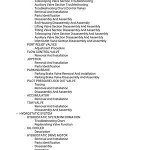 May include: A detailed list of hydraulic system components and procedures, including disassembly, inspection, and assembly instructions. The text is in black font on a white background, covering topics like control valves, parking brakes, and hydrostatic systems.
