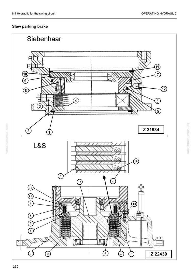 May include: Diagram of a hydraulic system for a swing circuit, labeled "Slew parking brake." The diagram includes detailed cross-sectional views of mechanical components with numbered labels. Text includes "Siebenhaar," "L&S," and part numbers Z 21934 and Z 22439.