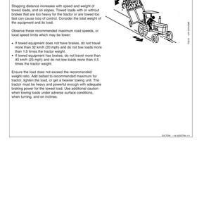 May include: Diagram illustrating safe towing practices. The image shows a tractor pulling a trailer loaded with material. Text provides guidelines on speed limits and weight ratios to ensure safe towing operations.