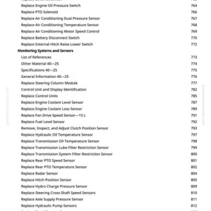 May include: A page from a manual with a list of automotive repair and maintenance topics, including "Replace Engine Oil Pressure Switch" and "Replace Fuel Level Sensor." The right side shows page numbers.