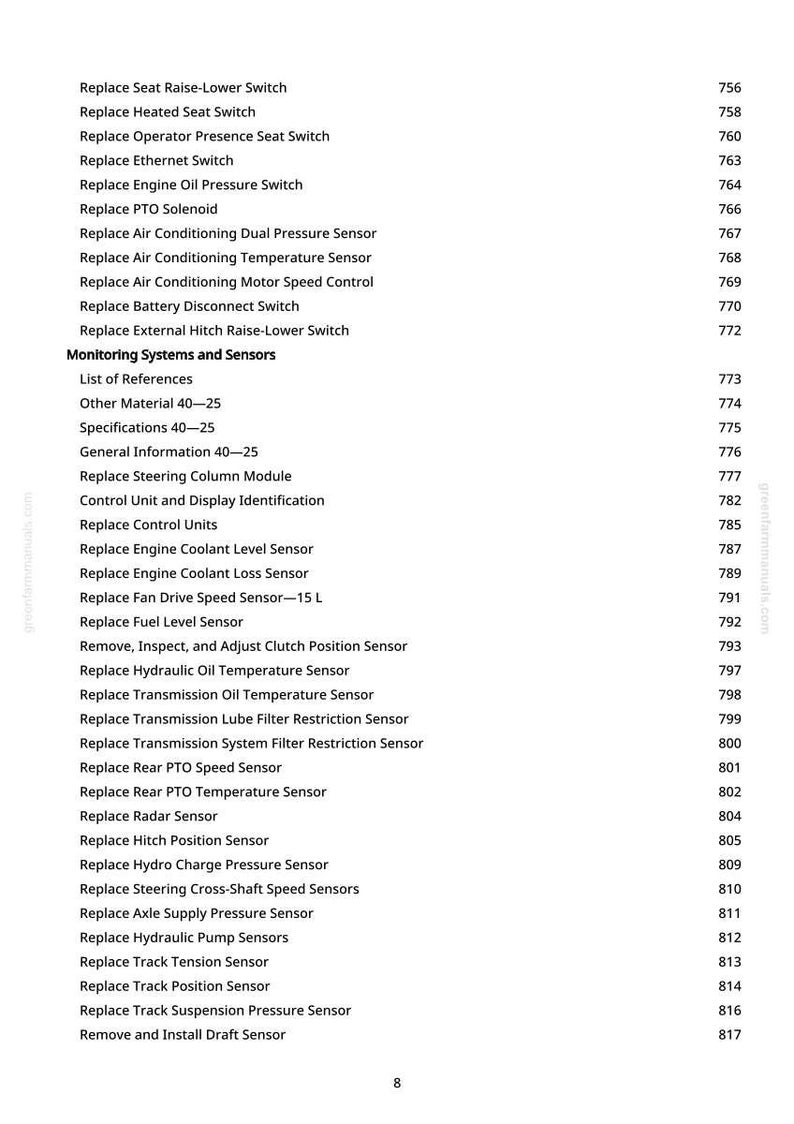 May include: A page from a manual with a list of automotive repair and maintenance topics, including "Replace Engine Oil Pressure Switch" and "Replace Fuel Level Sensor." The right side shows page numbers.