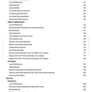 May include: A page from a greenfarmmanuals.com manual, listing automotive repair procedures. Topics include fuel tanks, air intake, exhaust systems, engine cooling, oil coolers, and electrical connectors. The page numbers are visible.