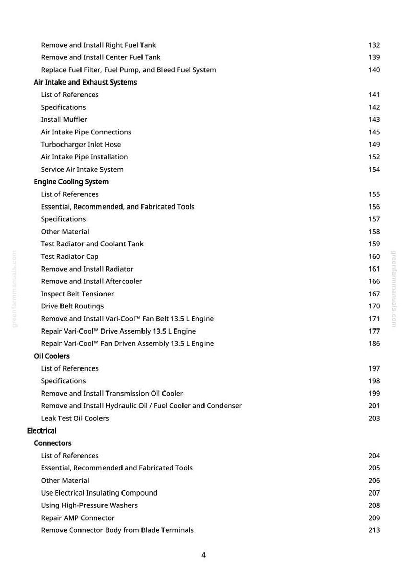 May include: A page from a greenfarmmanuals.com manual, listing automotive repair procedures. Topics include fuel tanks, air intake, exhaust systems, engine cooling, oil coolers, and electrical connectors. The page numbers are visible.