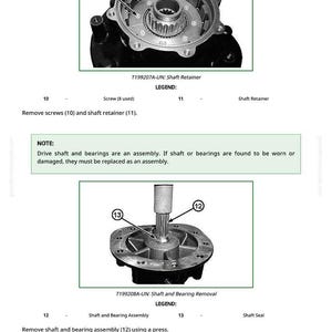May include: Diagram of mechanical components, including a shaft retainer and shaft and bearing assembly. The image includes labels and instructions for removal and replacement of parts. Text includes "T199207A-UN: Shaft Retainer" and "T199208A-UN: Shaft and Bearing Removal."