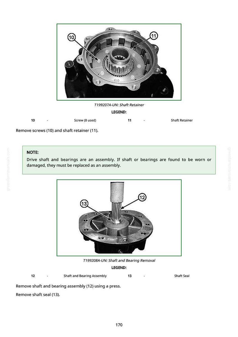 May include: Diagram of mechanical components, including a shaft retainer and shaft and bearing assembly. The image includes labels and instructions for removal and replacement of parts. Text includes "T199207A-UN: Shaft Retainer" and "T199208A-UN: Shaft and Bearing Removal."
