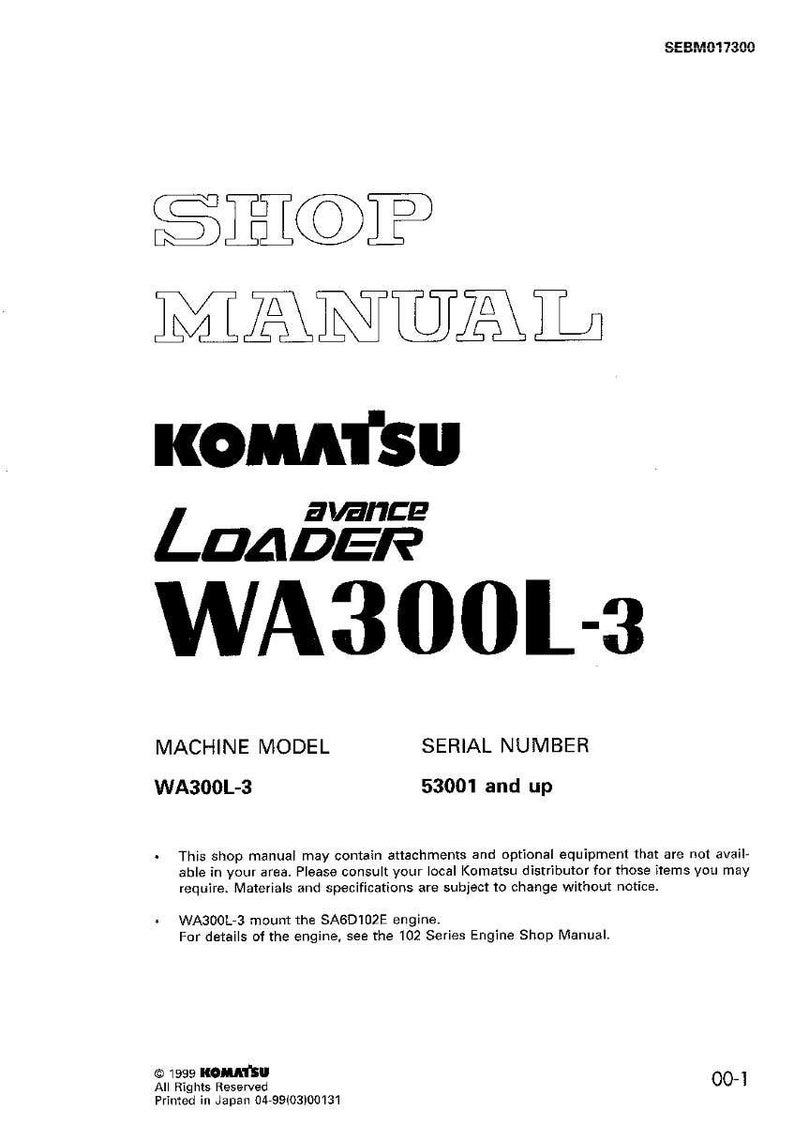 May include: A white shop manual cover with the text "SHOP MANUAL" in a bold, outlined font. Below, the Komatsu logo and "Loader WA300L-3" are displayed in black. The document includes model and serial number information.