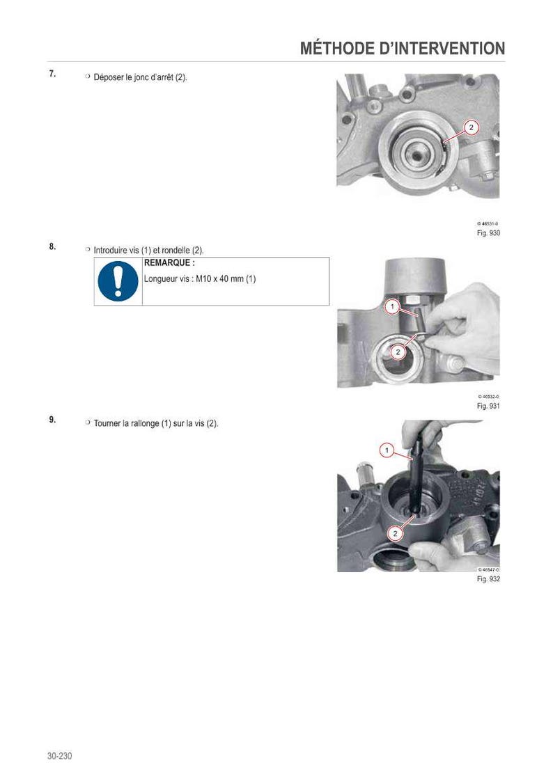 May include: Technical diagram illustrating mechanical assembly steps. Includes close-up views of components, numbered for reference. Text in French provides instructions, including the note: Length of screw: M10 x 40 mm.