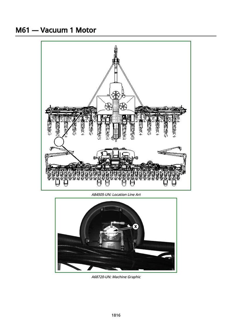 May include: Technical diagram of a vacuum motor, labeled "M61 - Vacuum 1 Motor." The image includes a detailed line art illustration and a machine graphic. Text includes "A84505-UN: Location Line Art" and "A68720-UN: Machine Graphic."