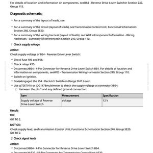 Pu&ograve; includere: Un documento bianco con testo nero che descrive il test dell'interruttore della leva di retromarcia B64, circuito e cablaggio. Il documento include schemi diagnostici, passaggi di azione e specifiche di tensione. La specifica di tensione &egrave; 12 V.