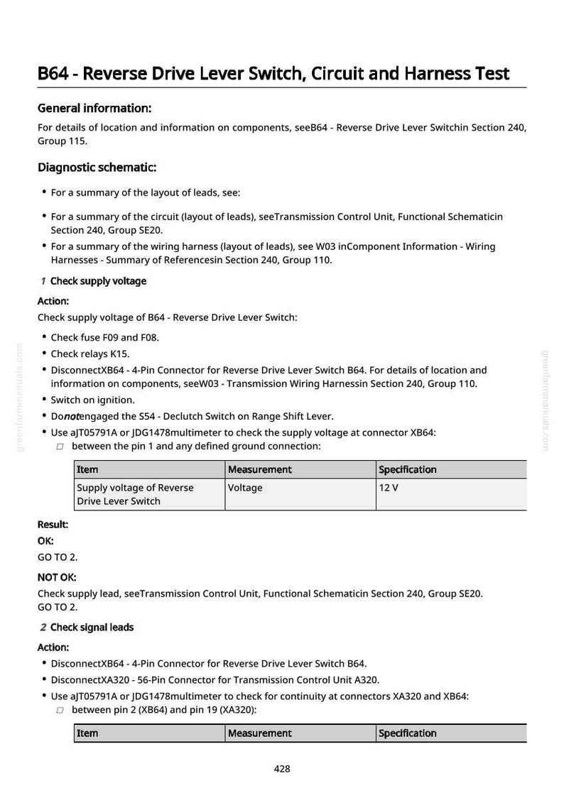 Pu&ograve; includere: Un documento bianco con testo nero che descrive il test dell'interruttore della leva di retromarcia B64, circuito e cablaggio. Il documento include schemi diagnostici, passaggi di azione e specifiche di tensione. La specifica di tensione &egrave; 12 V.