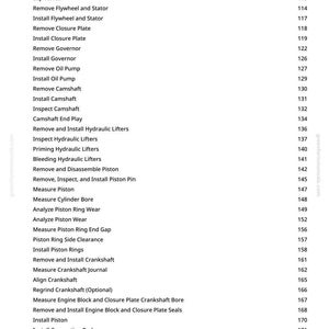 K&ouml;nnte beinhalten: Eine Seite aus einem Handbuch mit einer Liste von Reparaturverfahren f&uuml;r Automotoren. Der Text enth&auml;lt Schritte wie "Ventile analysieren", "Kolbenringe einbauen" und "Zylinderbohrung messen". Seitenzahlen sind aufgef&uuml;hrt.