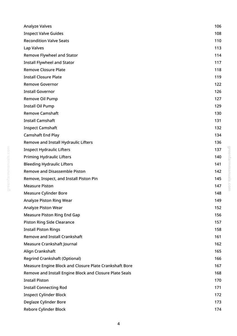 K&ouml;nnte beinhalten: Eine Seite aus einem Handbuch mit einer Liste von Reparaturverfahren f&uuml;r Automotoren. Der Text enth&auml;lt Schritte wie "Ventile analysieren", "Kolbenringe einbauen" und "Zylinderbohrung messen". Seitenzahlen sind aufgef&uuml;hrt.
