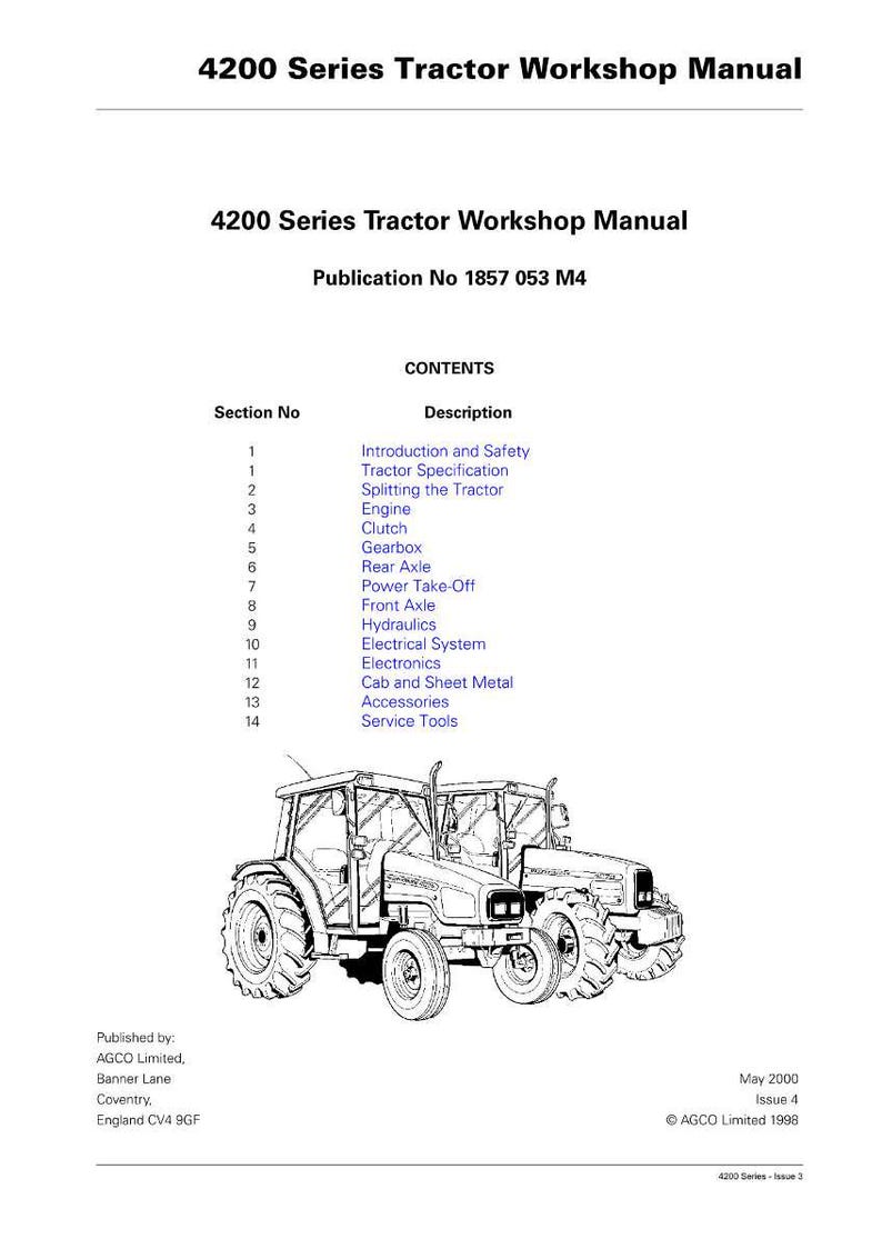 K&ouml;nnte beinhalten: Ein wei&szlig;es Handbuch mit dem Titel "4200 Series Tractor Workshop Manual" mit einer detaillierten Illustration von zwei Traktoren. Das Handbuch enth&auml;lt Abschnitte zu Traktorspezifikationen, Motor und Hydraulik.