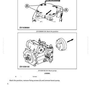 May include: Technical diagram of a boost pump with labels and instructions. The diagram includes detailed illustrations of the pump components, including screws and the pump itself. Text includes "ZX1038084-UN: Mark the position" and "ZX1038100-UN: Boost pump."