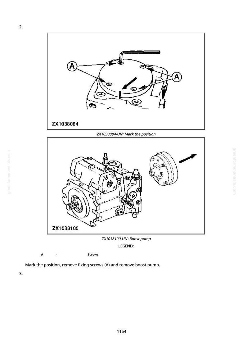 May include: Technical diagram of a boost pump with labels and instructions. The diagram includes detailed illustrations of the pump components, including screws and the pump itself. Text includes "ZX1038084-UN: Mark the position" and "ZX1038100-UN: Boost pump."