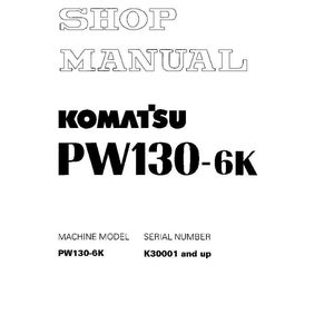 以下が含まれることがあります： 「SHOP MANUAL」と「KOMATSU PW130-6K」の黒い文字が書かれた白いマニュアル。ページの下部には、機械モデル、シリアル番号、その他の詳細が記載されています。