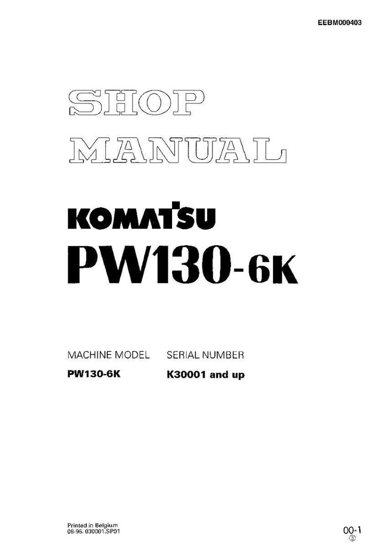 以下が含まれることがあります： 「SHOP MANUAL」と「KOMATSU PW130-6K」の黒い文字が書かれた白いマニュアル。ページの下部には、機械モデル、シリアル番号、その他の詳細が記載されています。