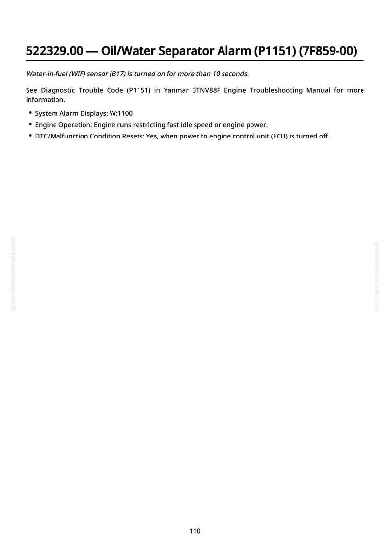Puede incluir: Una p&aacute;gina blanca con el texto "522329.00 - Oil/Water Separator Alarm (P1151) (7F859-00)". El texto describe una alarma relacionada con un sensor de agua en el combustible y el funcionamiento del motor. Se proporcionan detalles adicionales.