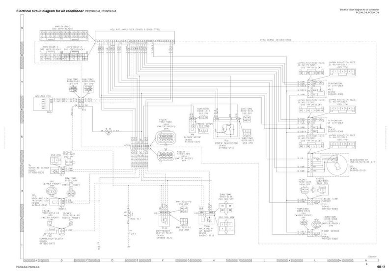 K&ouml;nnte beinhalten: Ein elektrischer Schaltplan f&uuml;r eine Klimaanlage mit Text oben. Das Diagramm ist ein komplexes Netzwerk aus Linien, K&auml;stchen und Symbolen, wahrscheinlich f&uuml;r den Automobil- oder Industriebereich. Das Bild ist in Schwarzwei&szlig;.