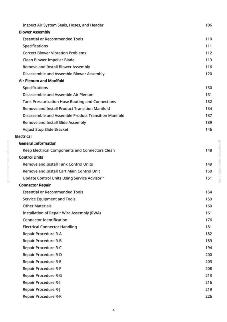 May include: A page from a manual with a table of contents. The text includes topics like "Blower Assembly", "Air Plenum and Manifold", and "Connector Repair". Page numbers are listed on the right side. The website greenfarmmanuals.com is visible.