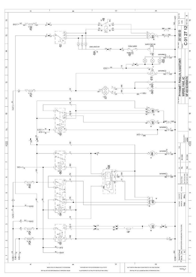 Pode incluir: Diagrama esquem&aacute;tico detalhado do sistema MF 400, apresentando s&iacute;mbolos e conex&otilde;es el&eacute;tricas. O diagrama inclui r&oacute;tulos de texto e n&uacute;meros de refer&ecirc;ncia, com um bloco de t&iacute;tulo detalhando o prop&oacute;sito e as especifica&ccedil;&otilde;es do sistema.