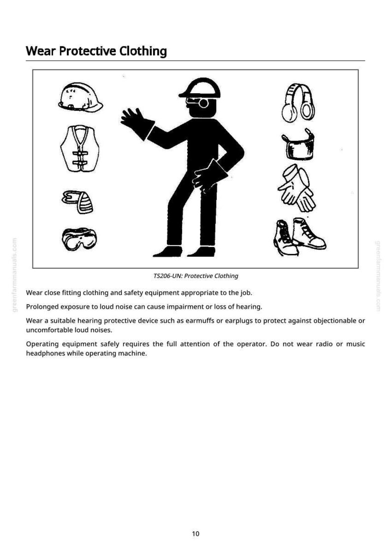 May include: Black and white illustration titled "Wear Protective Clothing" with a stick figure wearing safety gear. Includes a hard hat, vest, eye protection, gloves, boots, and hearing protection. Text reads "TS206-UN: Protective Clothing".