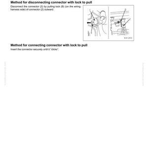 Pode incluir: Diagrama que ilustra o m&eacute;todo para desconectar e conectar um conector com trava para puxar. A imagem inclui instru&ccedil;&otilde;es de texto e diagramas com r&oacute;tulos e setas. O n&uacute;mero da p&aacute;gina &eacute; 00-52.