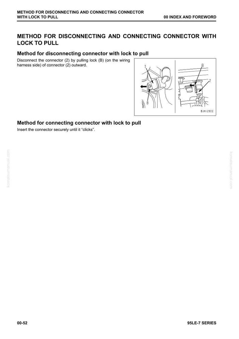 Pode incluir: Diagrama que ilustra o m&eacute;todo para desconectar e conectar um conector com trava para puxar. A imagem inclui instru&ccedil;&otilde;es de texto e diagramas com r&oacute;tulos e setas. O n&uacute;mero da p&aacute;gina &eacute; 00-52.